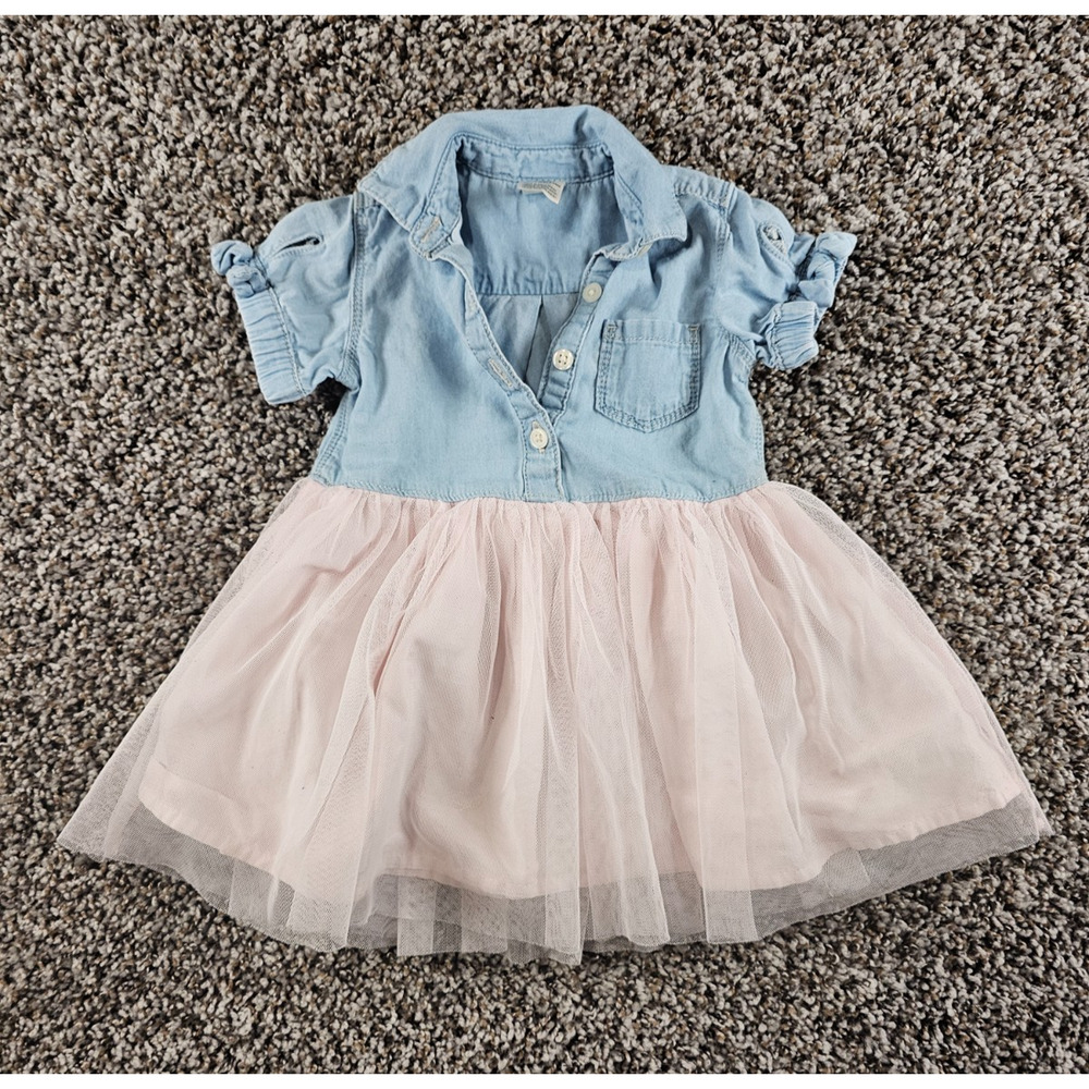 Oshkosh Baby Girls Sz 12M Western Dress Blue Jean Denim and Tulle Pink